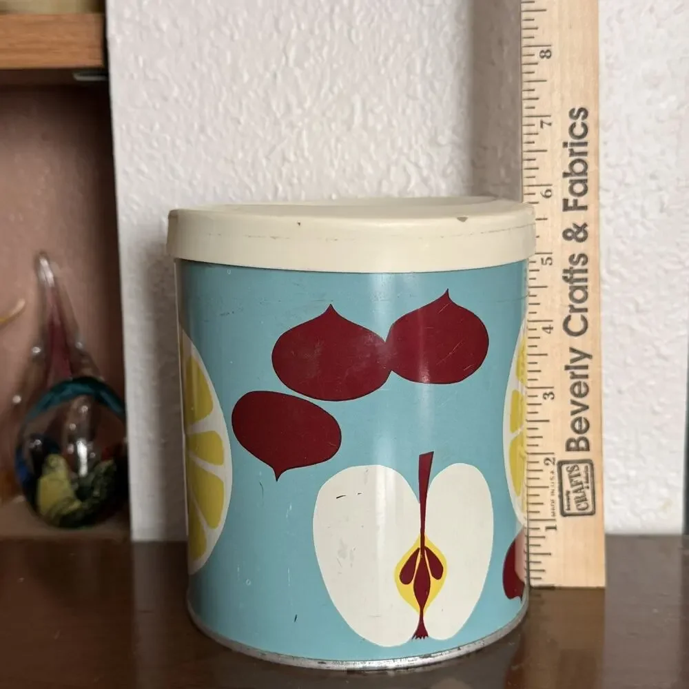 Vintage Metal Yellow Kitchen Canister With Plastic Lid Mid Century Fruit